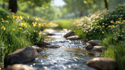 A small creek flows through a lush green meadow with yellow and white wildflowers, with bright sunlight shining through the trees in the background.