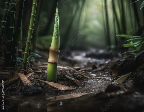 bamboo plant in the garden, close up photo of bamboo shoots starting to grow in the middle of the forest