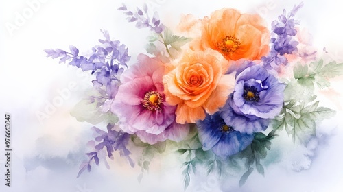 A colorful bouquet of flowers is displayed on a white background. The flowers are arranged in a way that creates a sense of harmony and balance. The colors of the flowers, including pink, purple