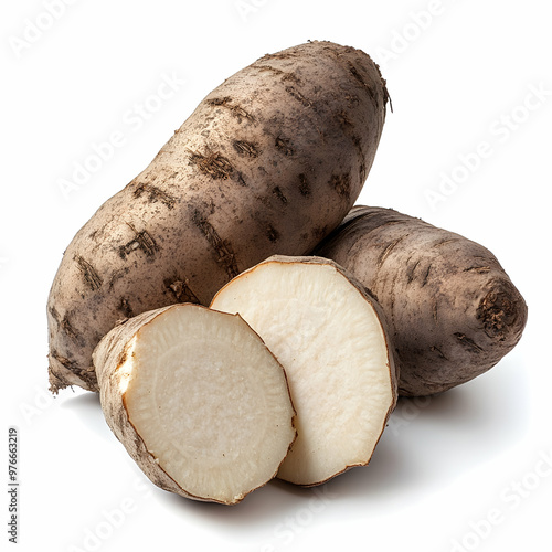 Single whole raw African yam isolated on white background photo