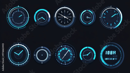 Smartwatch faces with mechanical clock-inspired bezels. Displays a digital HUD dial with minute, hour, and second indicators. Includes a timer or stopwatch with a blank circular scale for measurement. photo