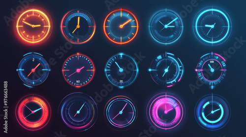 Smartwatch faces with mechanical clock-inspired bezels. Displays a digital HUD dial with minute, hour, and second indicators. Includes a timer or stopwatch with a blank circular scale for measurement. photo