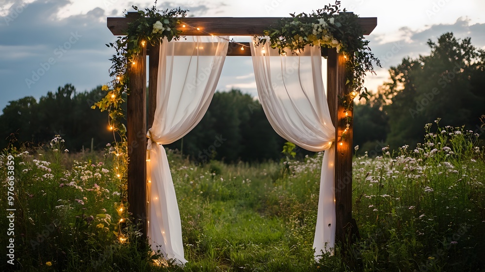A rustic wooden wedding archway draped with white fabric and string lights, surrounded by greenery and wildflowers. A rustic wooden wedding archway draped with white fabric and string lights, surrounded by greenery and wildflowers.
