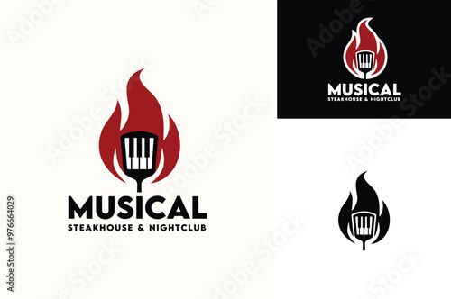 A Fire Flame with Piano Key Music Instrument and BBQ Spatula for Barbecue Grill Steak Restaurant Bar Night Club Pub logo design