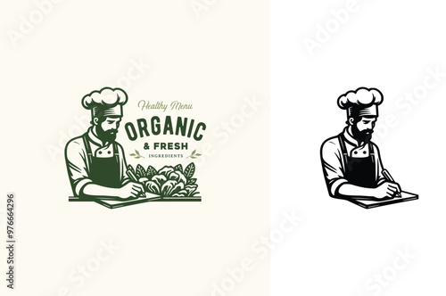 A Chef with Toque Hat Write a Menu Recipe Ingredients with Several Fresh Vegetables for Healthy Organic Vegan logo design