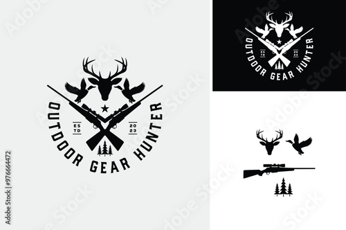 Buck Stag Deer Head with Antlers and Flying Mallard Ducks and Hunting Rifles Gun Silhouettes for Adventure Outdoor Hunt Gear Label Badge logo design