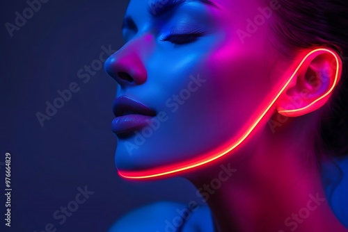 A close-up of a woman's face illuminated with neon lights.