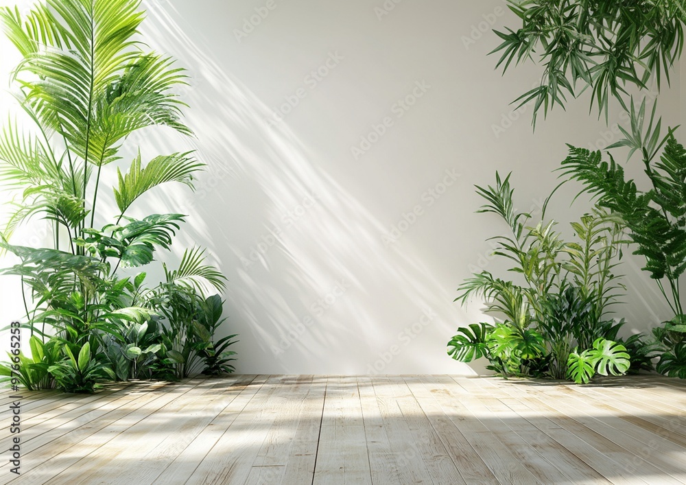 A minimalist room with a white wall and wooden floor, framed by lush green plants. Sunlight streams in, casting shadows across the space. A minimalist room with a white wall and wooden floor, framed by lush green plants. Sunlight streams in, casting shadows across the space.