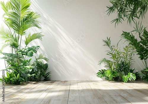 A minimalist room with a white wall and wooden floor, framed by lush green plants. Sunlight streams in, casting shadows across the space.