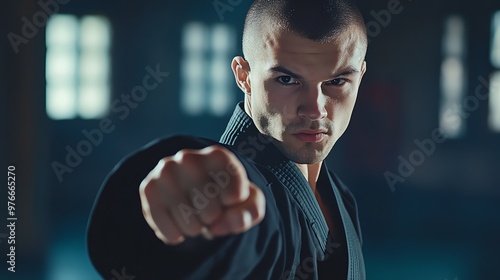 A man in a black karate uniform throws a punch. photo