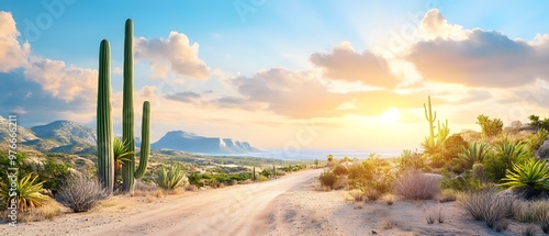 A stunning desert landscape with cacti, mountains, and a vibrant sunset, ideal for nature and travel themes.