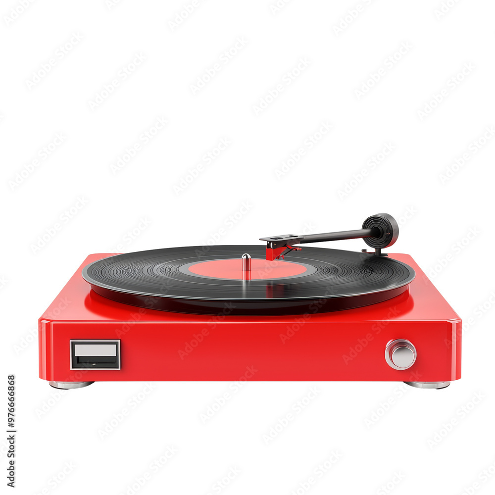Fototapeta premium Red retro turntable with vinyl record playing music