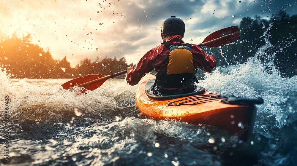 Fototapeta premium A person paddles a kayak through whitewater rapids with a sunset in the background.