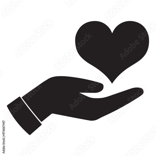 Helping hand with love shape silhouette vector icon, black and white logo design.