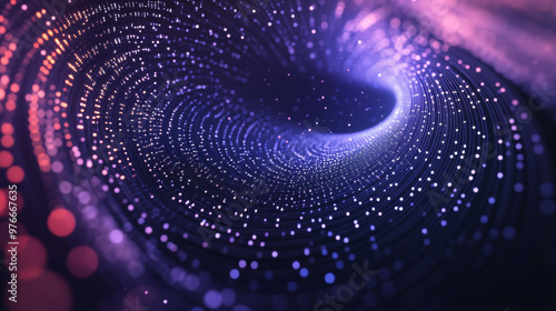 Big data visualization with a vortex of circular particles and dots, resembling an abstract galaxy. Futuristic infographic design for science or finance, showcasing complex visual data.