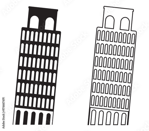 Leaning Tower of Pisa in beautiful style. Italy World famous buildings monochrome. Vector illustration.