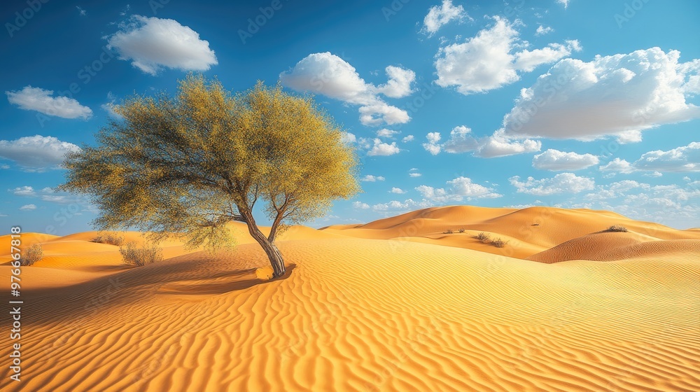 Lone tree standing strong in the vast desert landscape Lone tree standing strong in the vast desert landscape