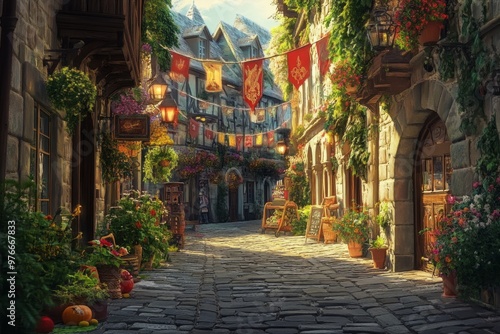 A charming cobblestone street filled with vibrant flags and blooming flowers. The scene captures a cozy atmosphere of an enchanting village. Generative AI