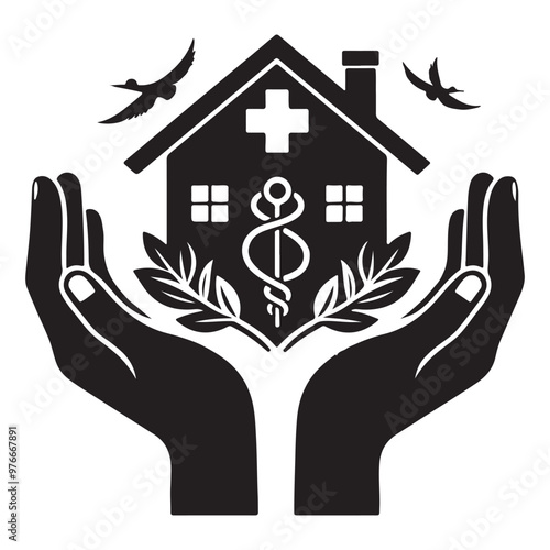 Helping hands home care silhoutte vector art icon and logo design.
