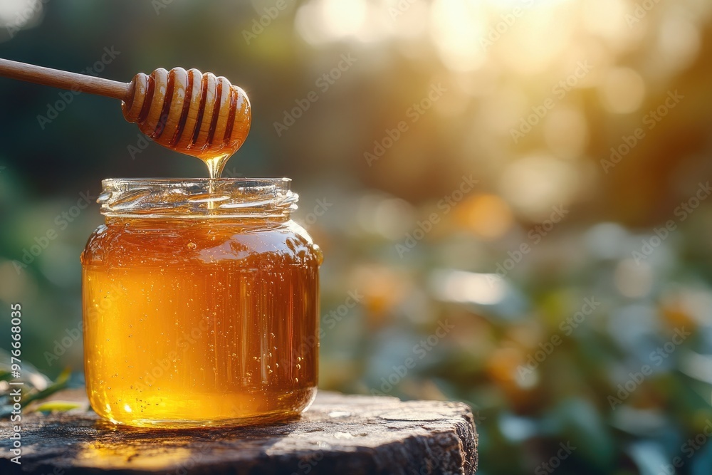 Honey dripping into jar on sunny day in the forest Honey dripping into jar on sunny day in the forest
