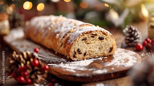 A delicious pastry dusted with powdered sugar and garnished with nuts.