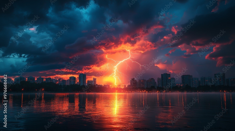Skyline illuminated by a bolt of lightning during a storm, the environment alive with energy Skyline illuminated by a bolt of lightning during a storm, the environment alive with energy