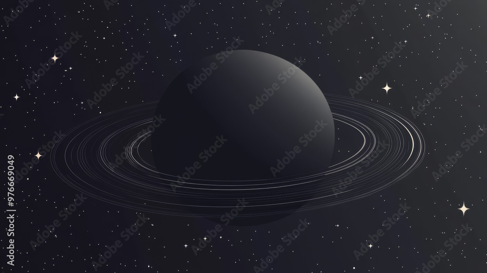 Dark planet adorned with rings against a backdrop of a black hole. Space and stellar theme in a minimalist art style, shown in a vector space illustration. Dark planet adorned with rings against a backdrop of a black hole. Space and stellar theme in a minimalist art style, shown in a vector space illustration.
