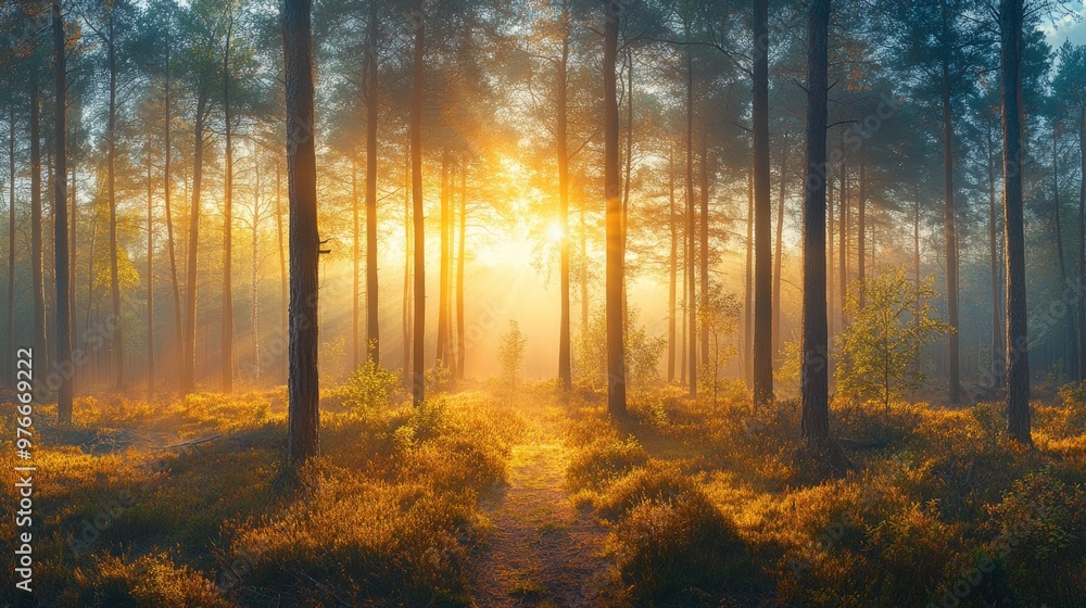 Sun is shining through fog and trees in autumn forest Sun is shining through fog and trees in autumn forest
