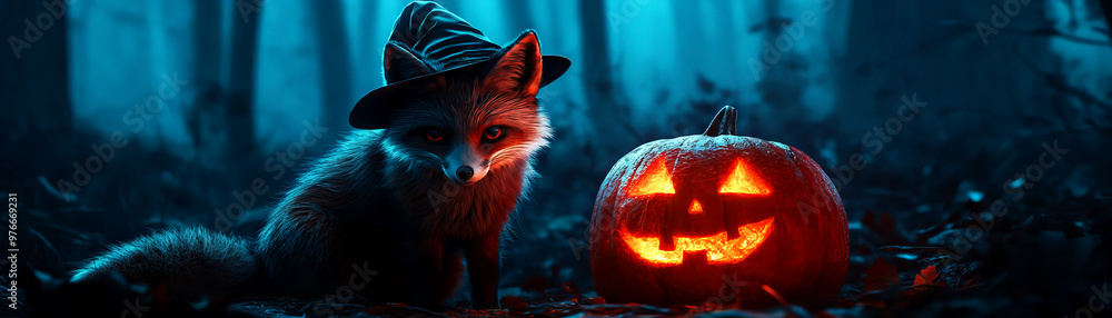 Naklejka premium A whimsical fox wearing a witch's hat sits beside a glowing pumpkin in a mystical forest during Halloween night.