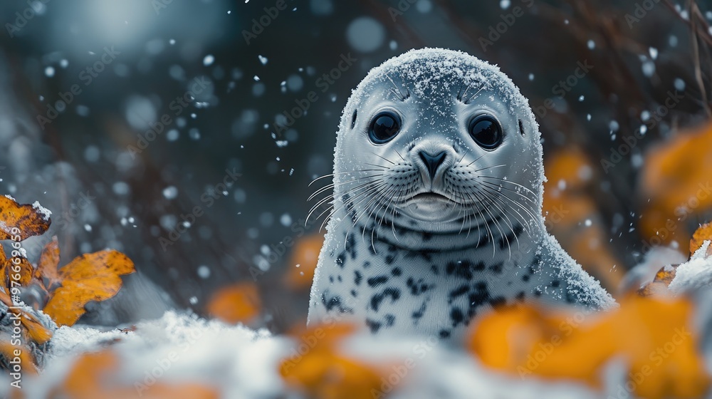 Baby harp seal relaxing in snowfall with autumn leaves Baby harp seal relaxing in snowfall with autumn leaves