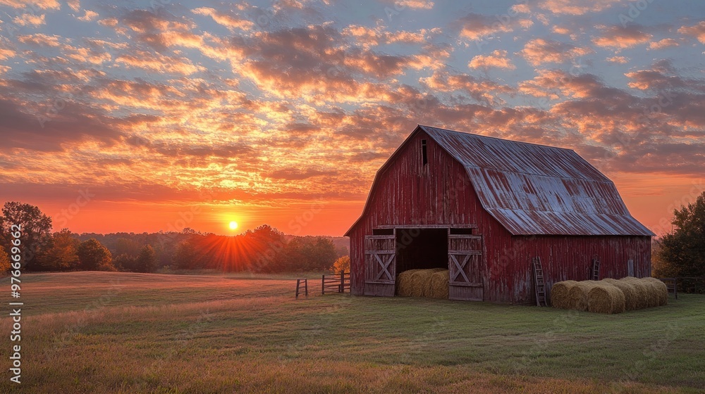 Obraz premium Red barn standing in field at sunset with golden hay bale
