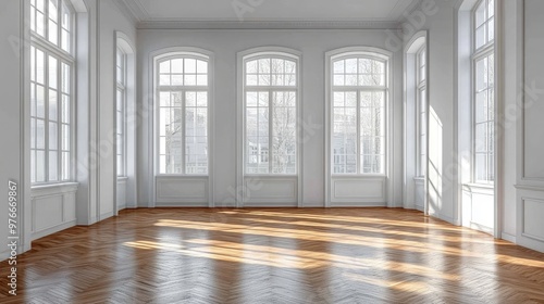 Wallpaper Mural Sunlight shining through windows in a white room with herringbone floor Torontodigital.ca