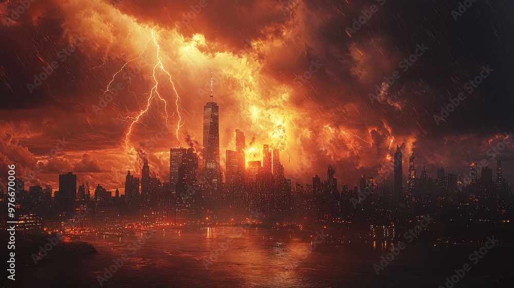Fototapeta premium Skyline under a striking climate storm, lightning illuminating the scene with energy