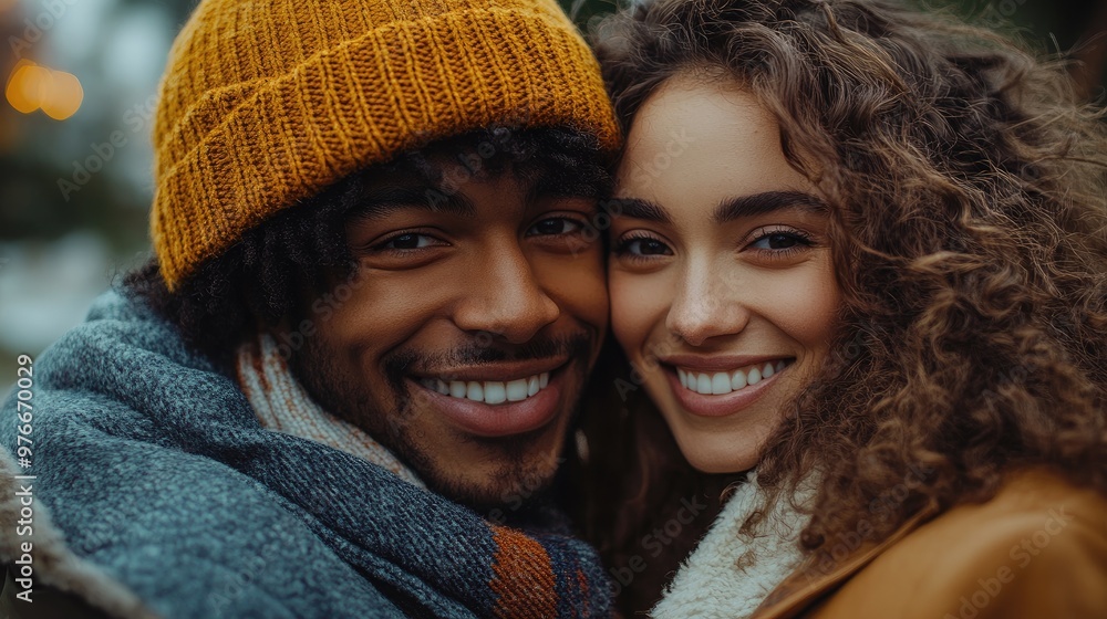 Interracial couple smiling outdoors wearing winter clothes Interracial couple smiling outdoors wearing winter clothes
