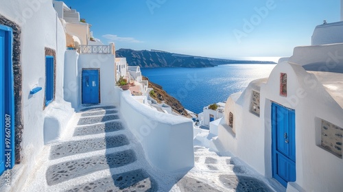 Whitewashed staircase leading to the aegean sea in santorini