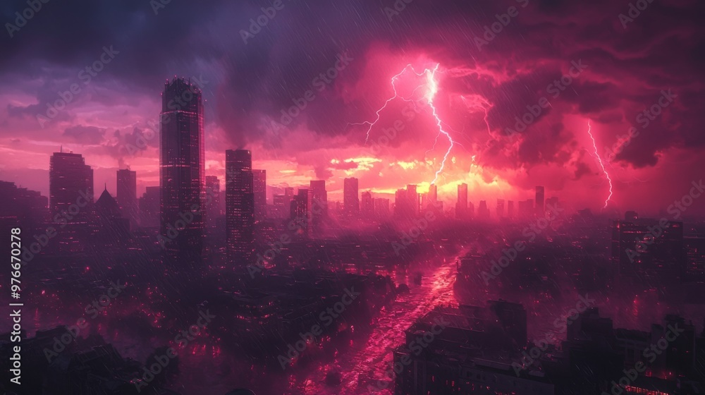 Skyline under the influence of a natural storm phenomenon, lightning illuminating the scene with power Skyline under the influence of a natural storm phenomenon, lightning illuminating the scene with power
