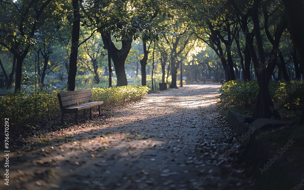 Fototapeta premium A lone wooden bench sits on a path in a park, inviting you to relax and enjoy the peaceful atmosphere. The sun's rays illuminate the path, casting long shadows from the surrounding trees.