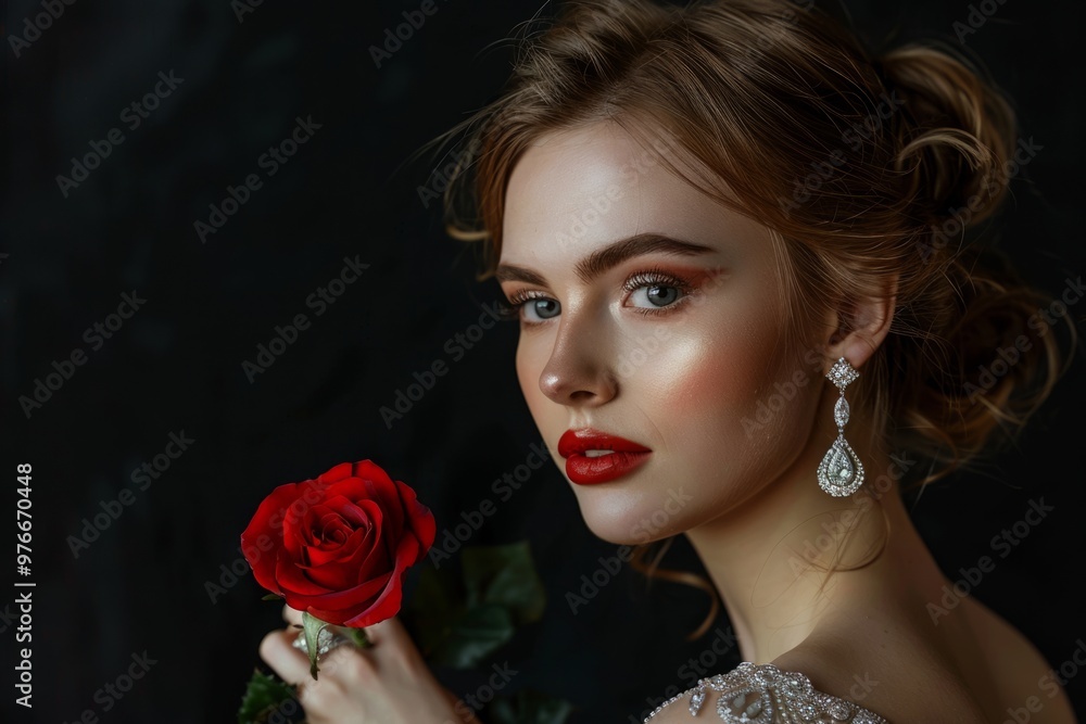 An elegant woman poses with a vibrant red rose. Her makeup is flawless and her jewelry sparkles. This image captures romance and beauty. Generative AI An elegant woman poses with a vibrant red rose. Her makeup is flawless and her jewelry sparkles. This image captures romance and beauty. Generative AI