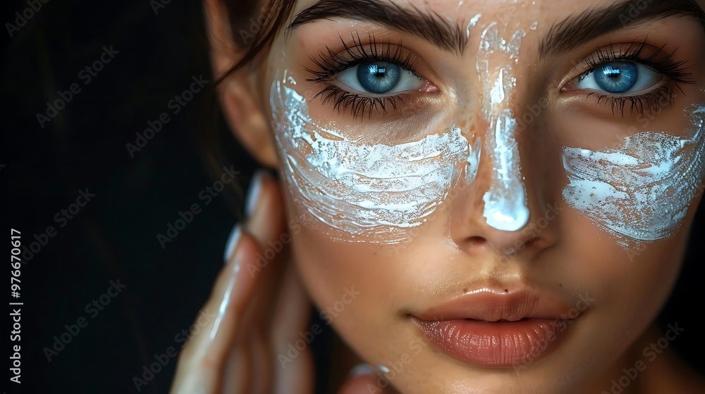 A close-up of a woman applying a facial mask, showcasing skincare. A close-up of a woman applying a facial mask, showcasing skincare.