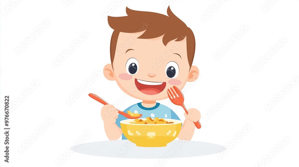 Happy Cartoon Child Eating From Yellow Bowl, Isolated on White Background, With Fork and Spoon in Hand, minimal flat illustration isolated on white Happy Cartoon Child Eating From Yellow Bowl, Isolated on White Background, With Fork and Spoon in Hand, minimal flat illustration isolated on white