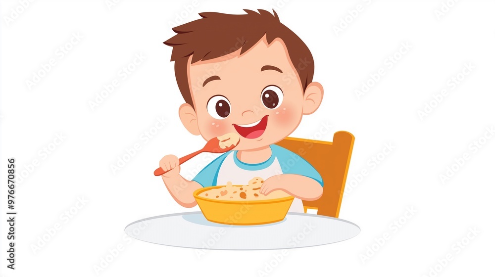 Happy Cartoon Child Eating From Yellow Bowl, Isolated on White Background, With Fork and Spoon in Hand, minimal flat illustration isolated on white Happy Cartoon Child Eating From Yellow Bowl, Isolated on White Background, With Fork and Spoon in Hand, minimal flat illustration isolated on white