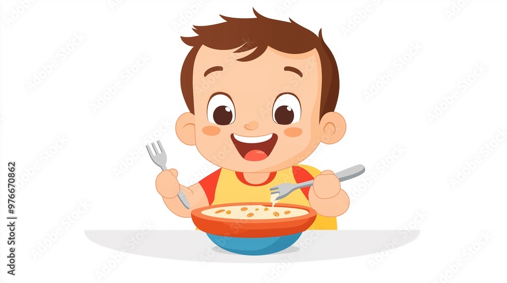Happy Cartoon Child Eating From Yellow Bowl, Isolated on White Background, With Fork and Spoon in Hand, minimal flat illustration isolated on white Happy Cartoon Child Eating From Yellow Bowl, Isolated on White Background, With Fork and Spoon in Hand, minimal flat illustration isolated on white