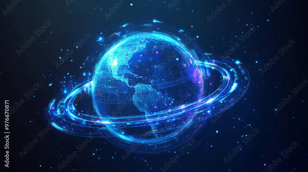 Futuristic blue hologram of a planet with rings and a hi-tech particle globe design. Sci-fi hologram element in vector illustration. Futuristic blue hologram of a planet with rings and a hi-tech particle globe design. Sci-fi hologram element in vector illustration.