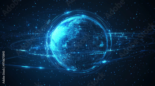 Futuristic blue hologram of a planet with rings and a hi-tech particle globe design. Sci-fi hologram element in vector illustration.