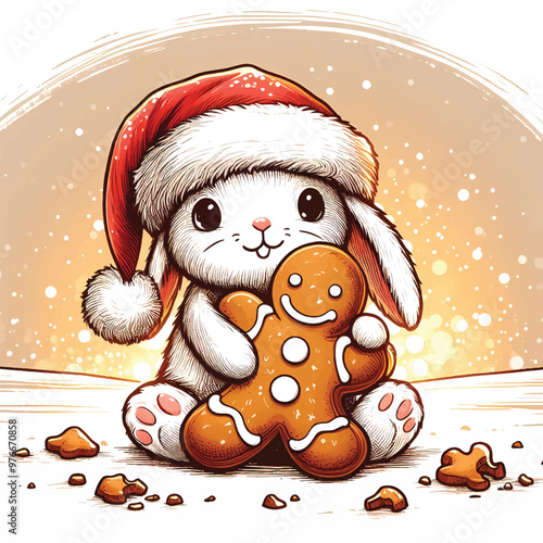 Bunny Hugging a Gingerbread Man Christmas Vector Illustration
