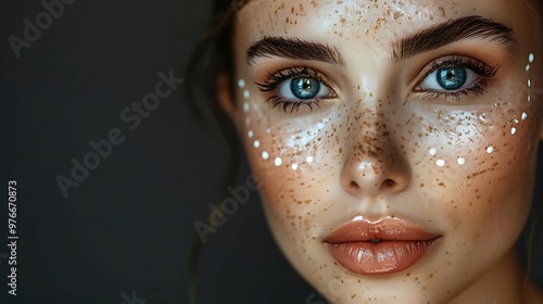 Close-up portrait of a woman with freckles and artistic makeup.