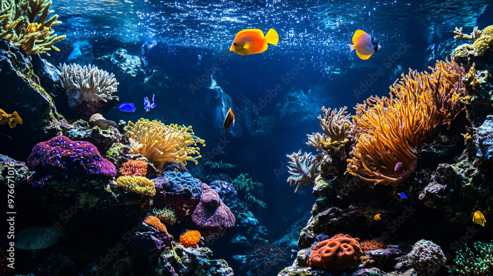 Obraz premium Fish swimming peacefully in a large tank with vibrant coral.