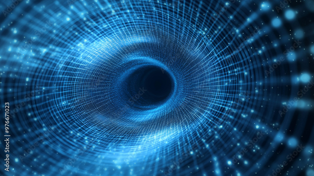 Blue digital tunnel or wormhole featuring a wireframe abstract mesh with a hole. Includes a 3D tunnel grid mesh and hi-tech blue texture, depicted in a technology or science vector illustration Blue digital tunnel or wormhole featuring a wireframe abstract mesh with a hole. Includes a 3D tunnel grid mesh and hi-tech blue texture, depicted in a technology or science vector illustration