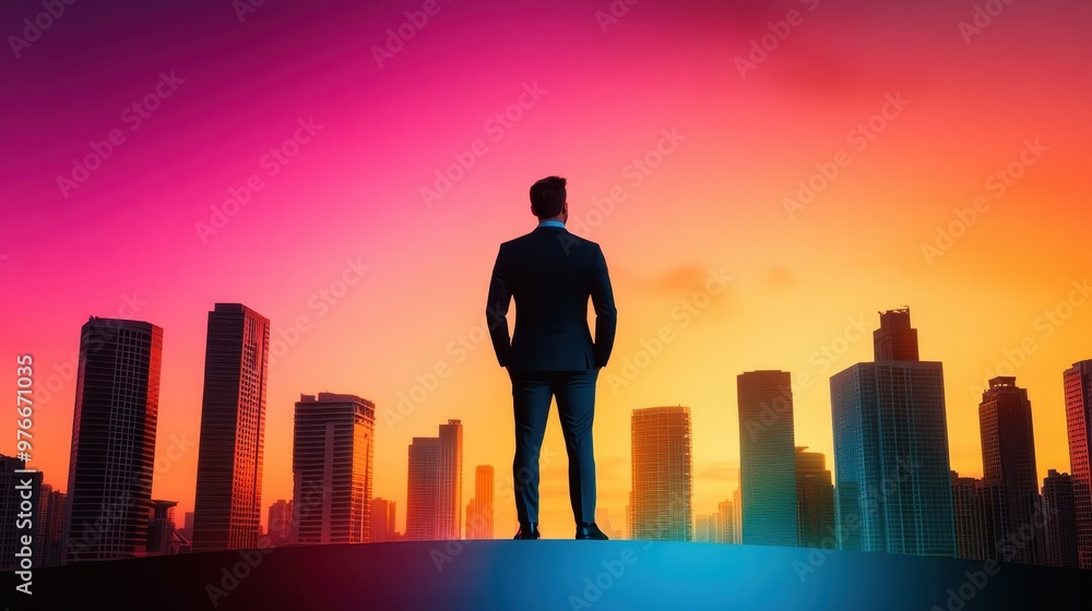 A silhouette of a businessman standing against a vibrant city skyline at sunset, embodying ambition and opportunity. A silhouette of a businessman standing against a vibrant city skyline at sunset, embodying ambition and opportunity.