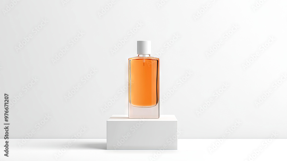 Elegant bottle of fragrance on a minimalistic display, showcasing a rich amber color against a clean background. Elegant bottle of fragrance on a minimalistic display, showcasing a rich amber color against a clean background.
